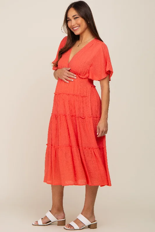 Coral Ruffle Tiered V-Neck Maternity Midi Dress